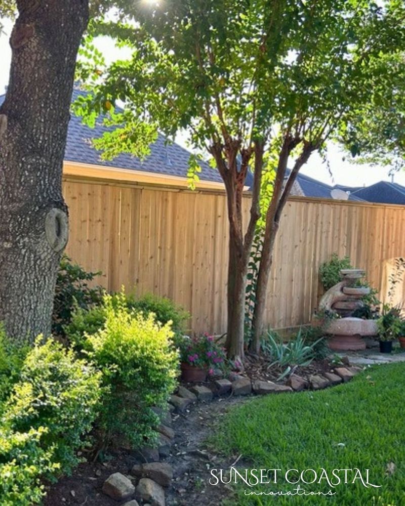 Lush green yard with trees, shrubs, and a wooden fence. A fountain and rocks create a border.