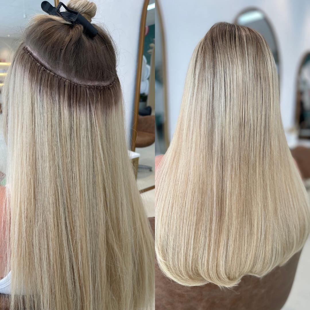 A Before and After Photo of a Woman 's Hair — Tree House Salon In Nerang, QLD