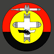 A red , yellow and black circle with a cross in the middle.