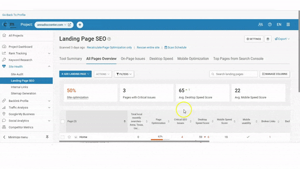 A computer screen shows a landing page seo dashboard.