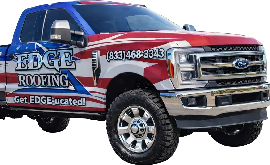 Edge Roofing service truck — Georgia roofing services at RoofsByEdge.com. Mobile graphic of the Edge Roofing service truck with patriotic wrap and RoofsByEdge branding for Georgia roofing services