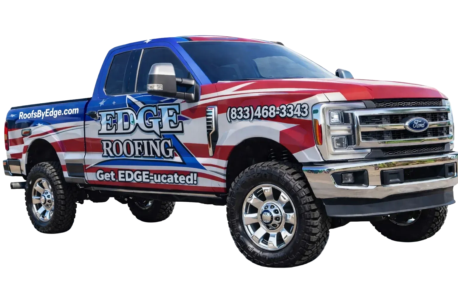 Edge Roofing service truck—Georgia roofing services at RoofsByEdge.com Edge Roofing service truck graphic with patriotic wrap, RoofsByEdge.com, and branding for Georgia roofing services.