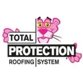 Pink Panther mascot holding a sign, the logo for Total Protection Roofing System.