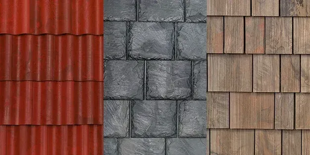 Composite roofing materials showcasing Brava's synthetic options: Spanish clay tiles, slate shingles, and cedar shake.