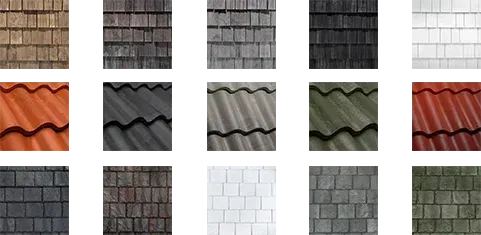 Brava composite roof tile samples showcasing a variety of colors &textures, including slate, Spanish clay, and cedar shake.