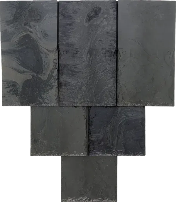 Brava composite slate roof tiles show a blend of dark hues and textured patterns, eco-friendly roofing & modern aesthetics.
