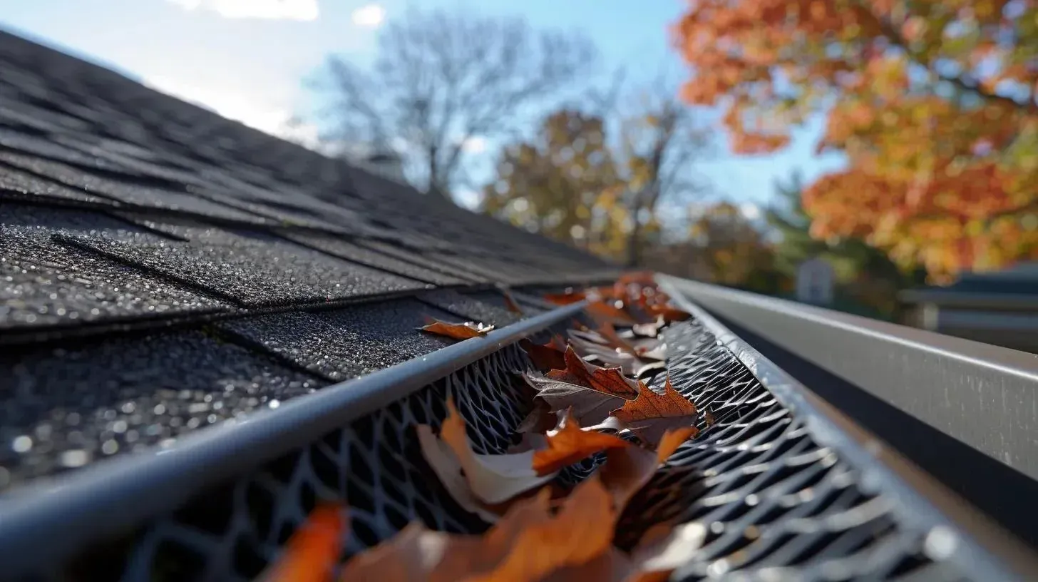 Leaves on Georgia gutter guards show why water flow and regular gutter cleaning still matter.