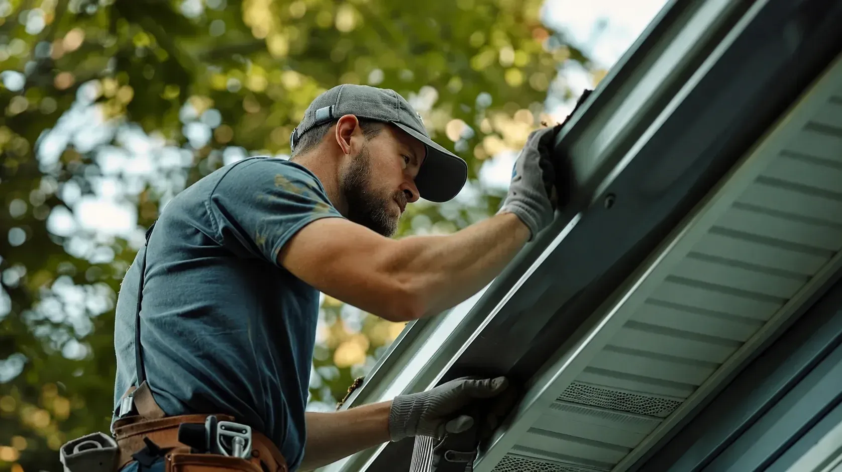 Contractor inspecting gutters on a Georgia home to check drainage, debris buildup, and gutter guard maintenance needs