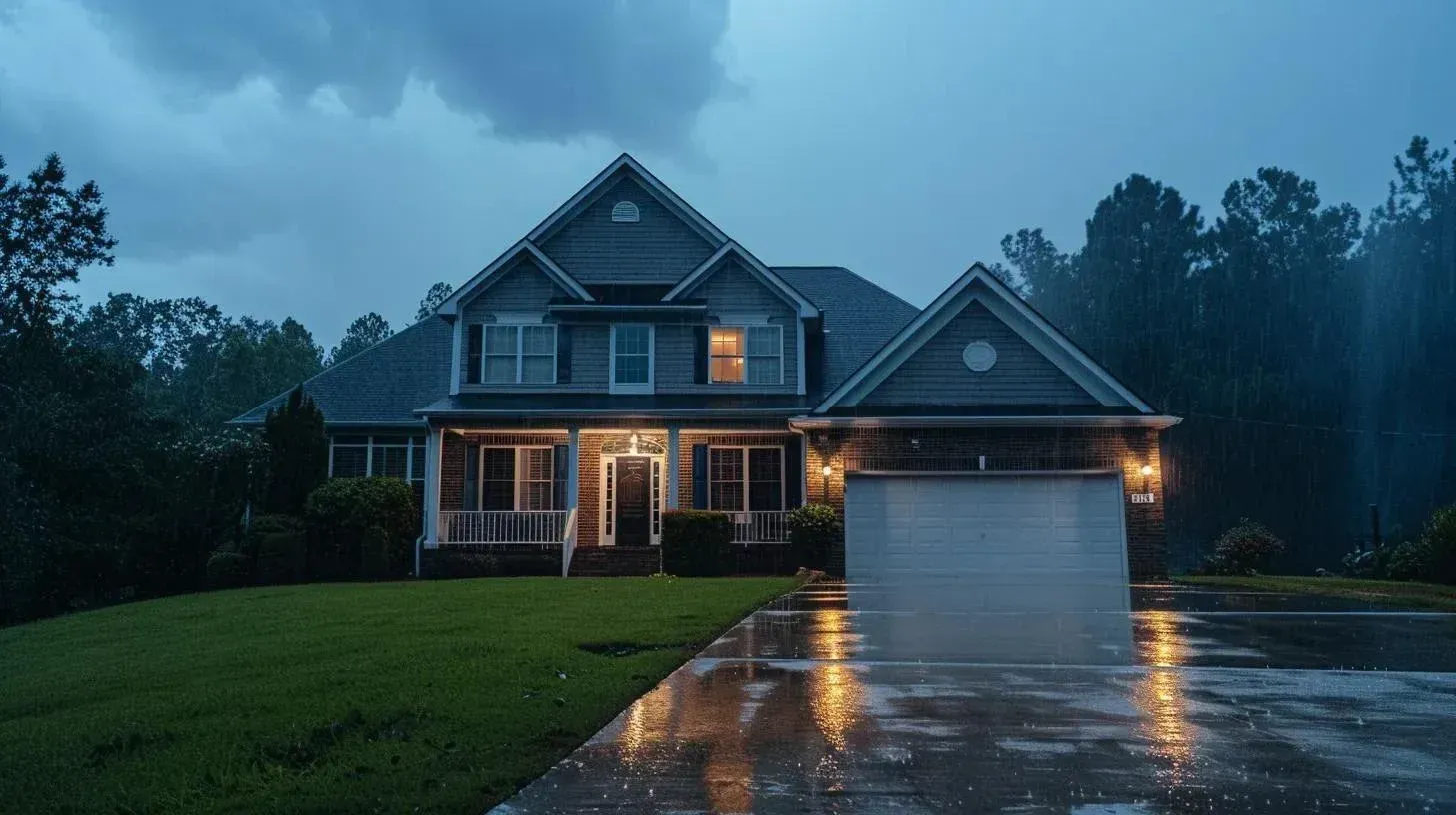 Georgia home during heavy rain showing why gutters and gutter guards need to manage fast roof runoff