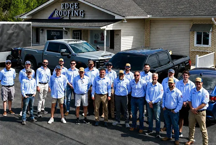 Edge Roofing team at our Georgia office | serving North and South Georgia. Edge Roofing team and owner Tom Pierce outside the Georgia office building, serving North and South Georgia roofing customers