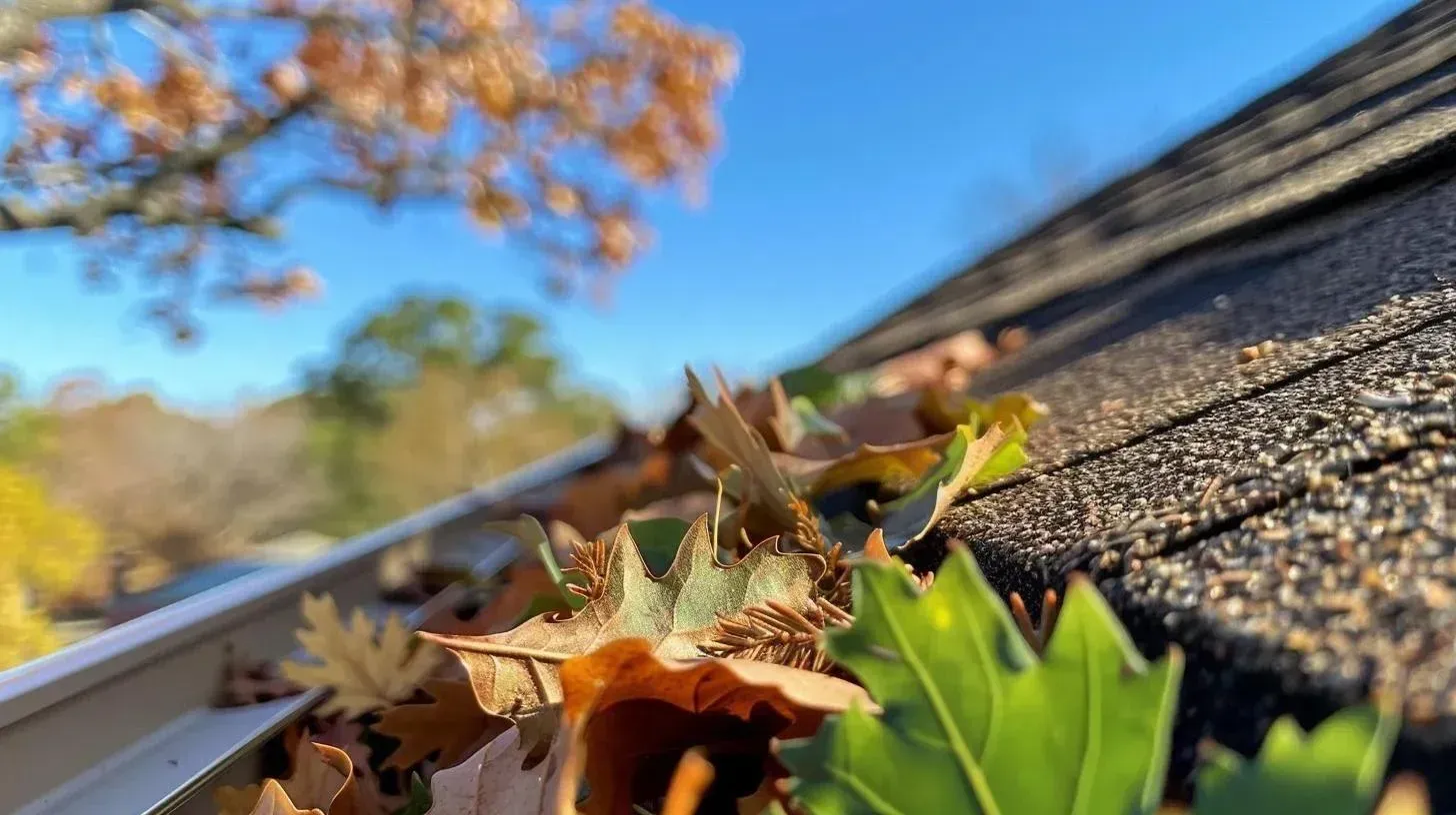Close-up of leaves sitting on gutter guards showing how debris can collect while water still needs to flow
