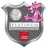 Pink Panther giving thumbs up next to a Platinum Preferred Contractor shield logo for Owens Corning roofing.