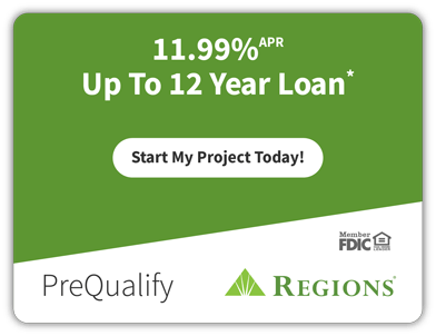 Green ad for Regions loan: 11.99% APR up to 12 years. Button to start project. Member FDIC.