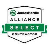James Hardie Alliance Select Contractor badge: green and black logo on white.