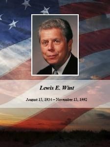 Memorial tribute with a man’s portrait over an American flag and sunset, labeled Lewis E. Wint with dates 1934–1992