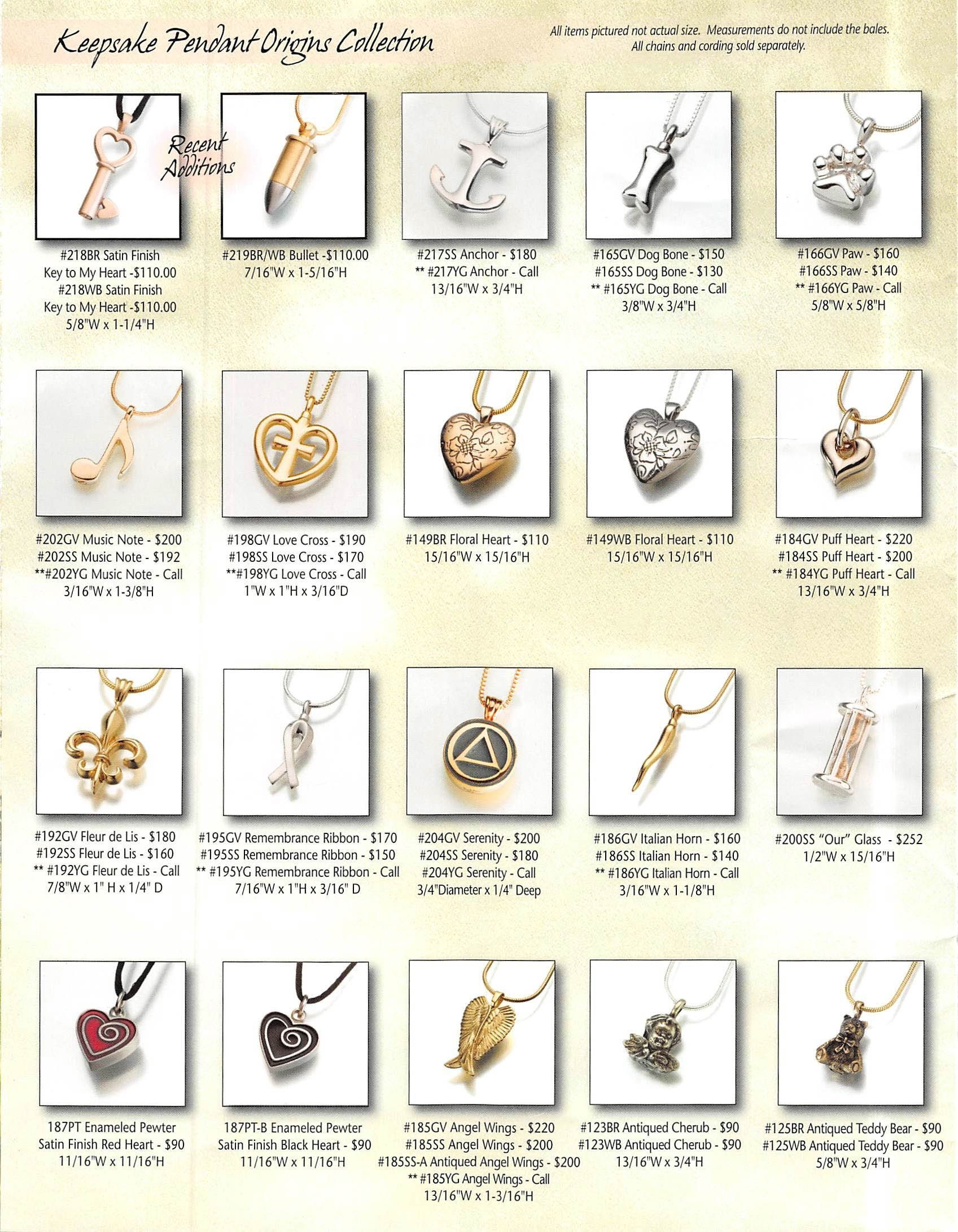 Catalog of gold pendant necklace designs arranged in rows on a beige background.