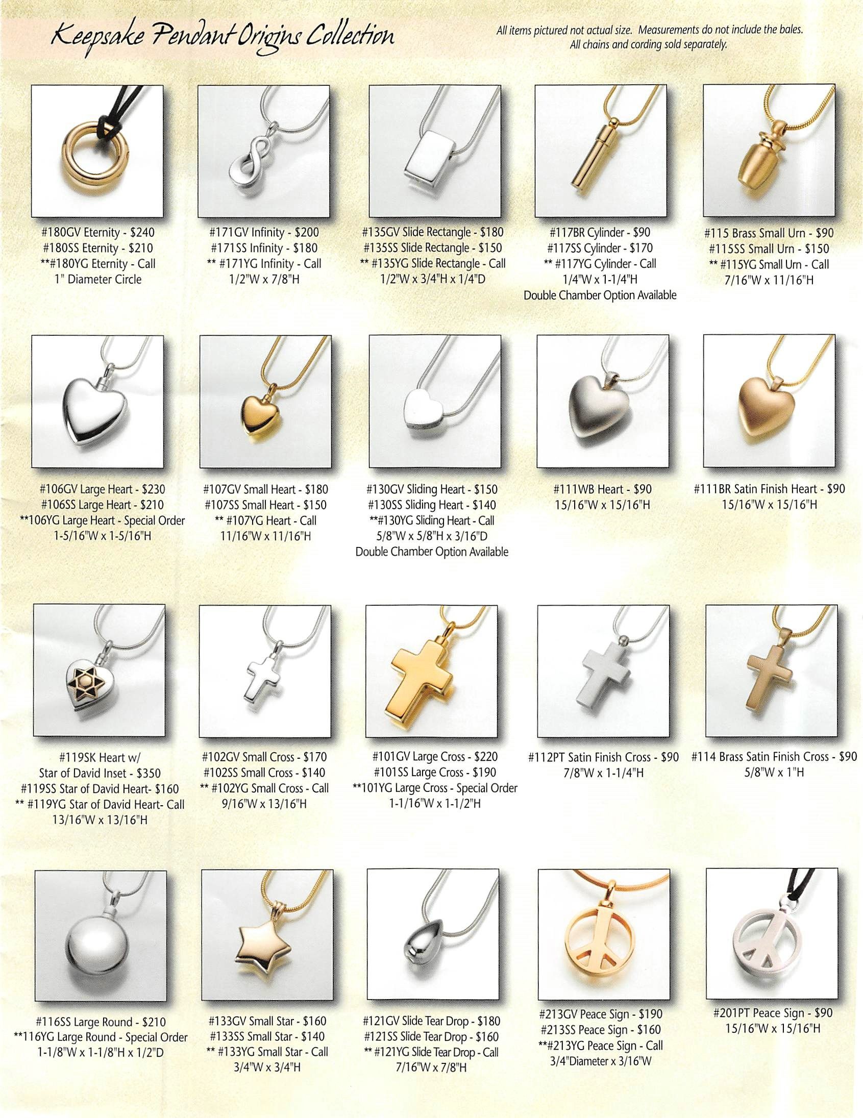 Jewelry catalog page showing multiple gold and silver pendant necklaces on a white background