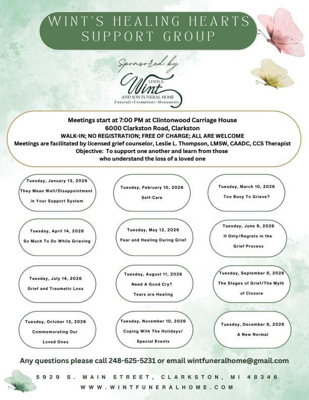 Flyer for Wint’s Healing Hearts Support Group with meeting dates, times, and locations.