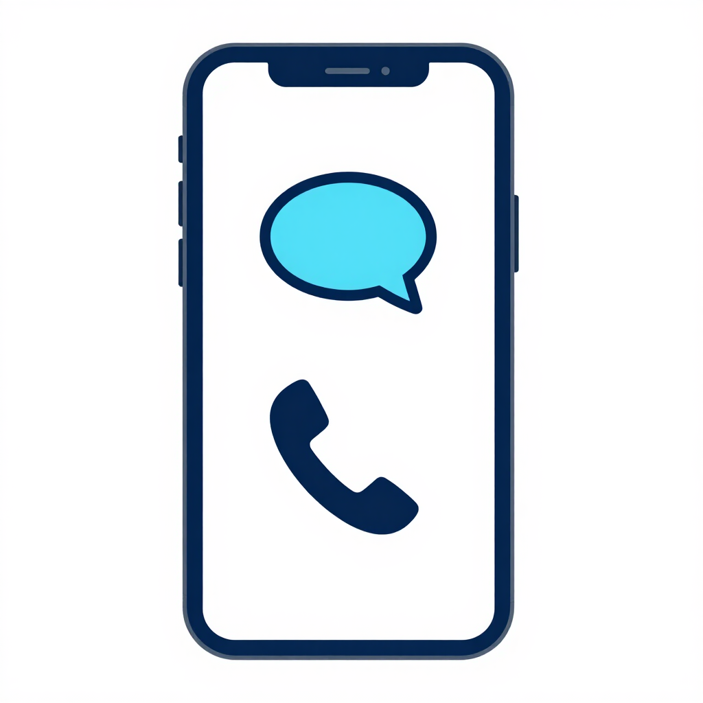 Icono de teléfono inteligente con burbuja de chat azul y un teléfono en una pantalla blanca.