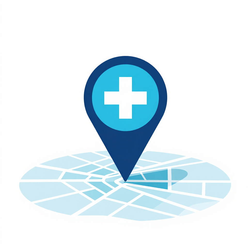 Marcador de ubicación azul con cruz médica blanca sobre un mapa.