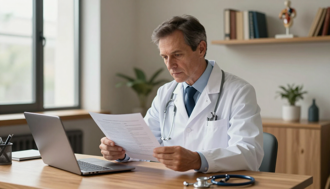 Un médico con bata blanca revisa documentos en un escritorio con una computadora portátil en una oficina luminosa.