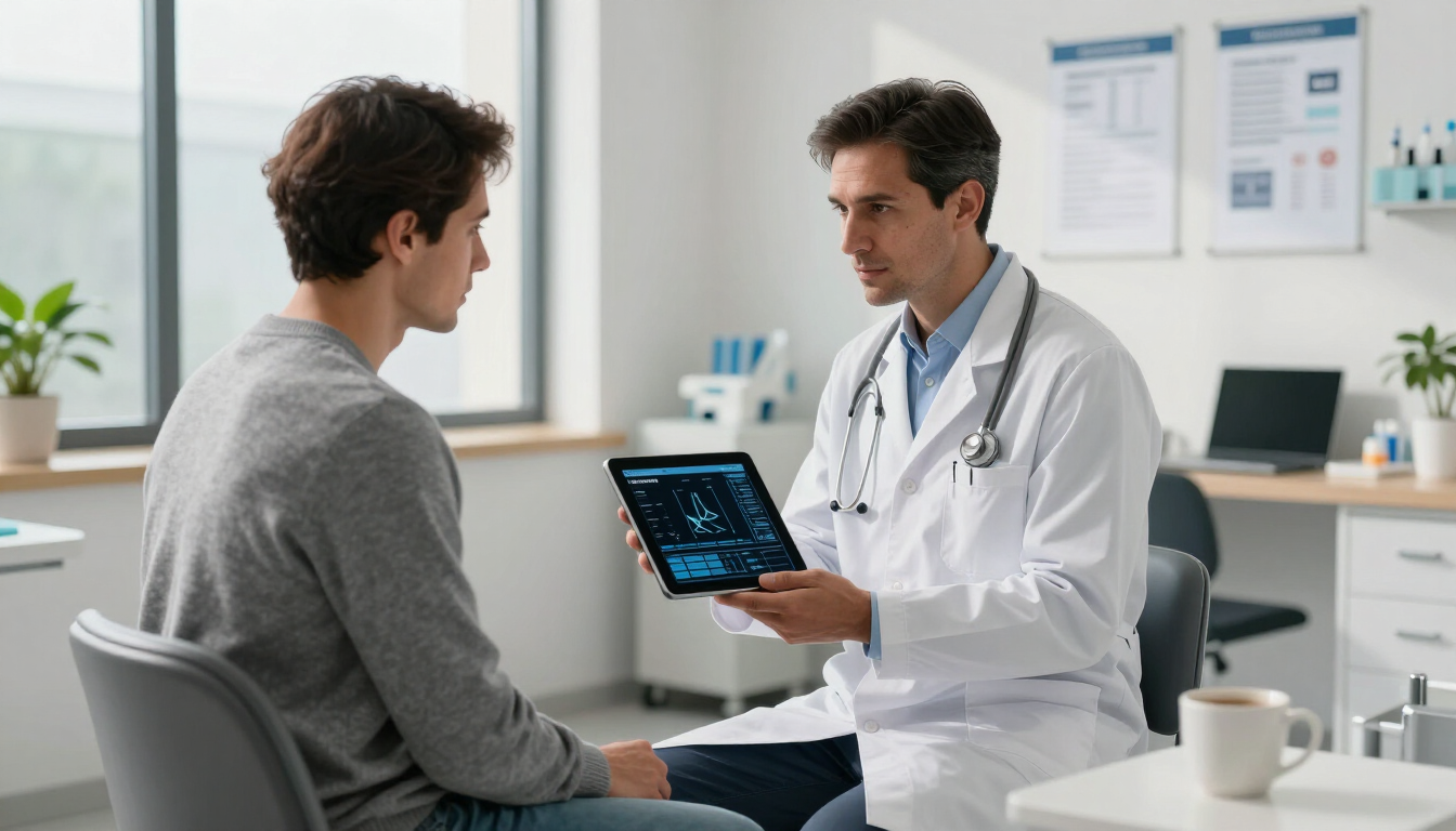El médico le muestra una tableta al paciente durante una consulta en una sala de consulta luminosa.