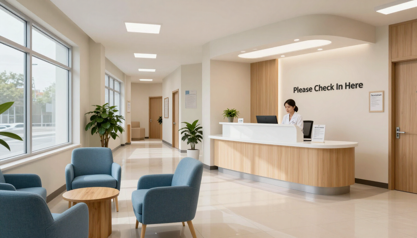 Luminosa zona de recepción del hospital con mostrador de registro, sillas azules y grandes ventanales.