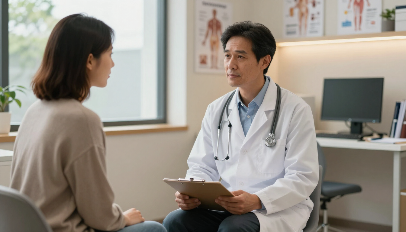 Un médico habla con un paciente en el consultorio de una clínica, sosteniendo un portapapeles.