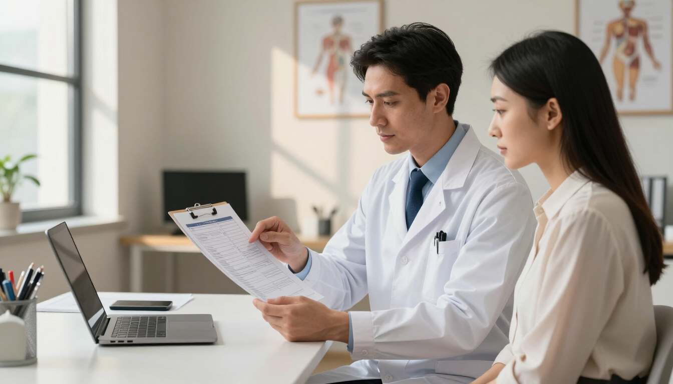 Un médico le muestra un portapapeles a un colega sentado en un escritorio en un luminoso consultorio clínico.