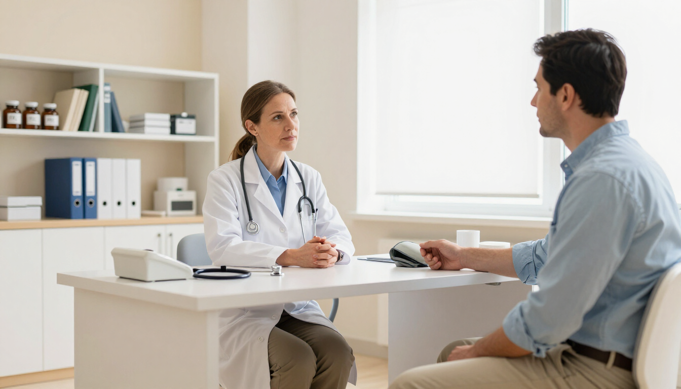 Un médico atiende a un paciente en un luminoso consultorio médico, sentado frente a un escritorio con papeleo.