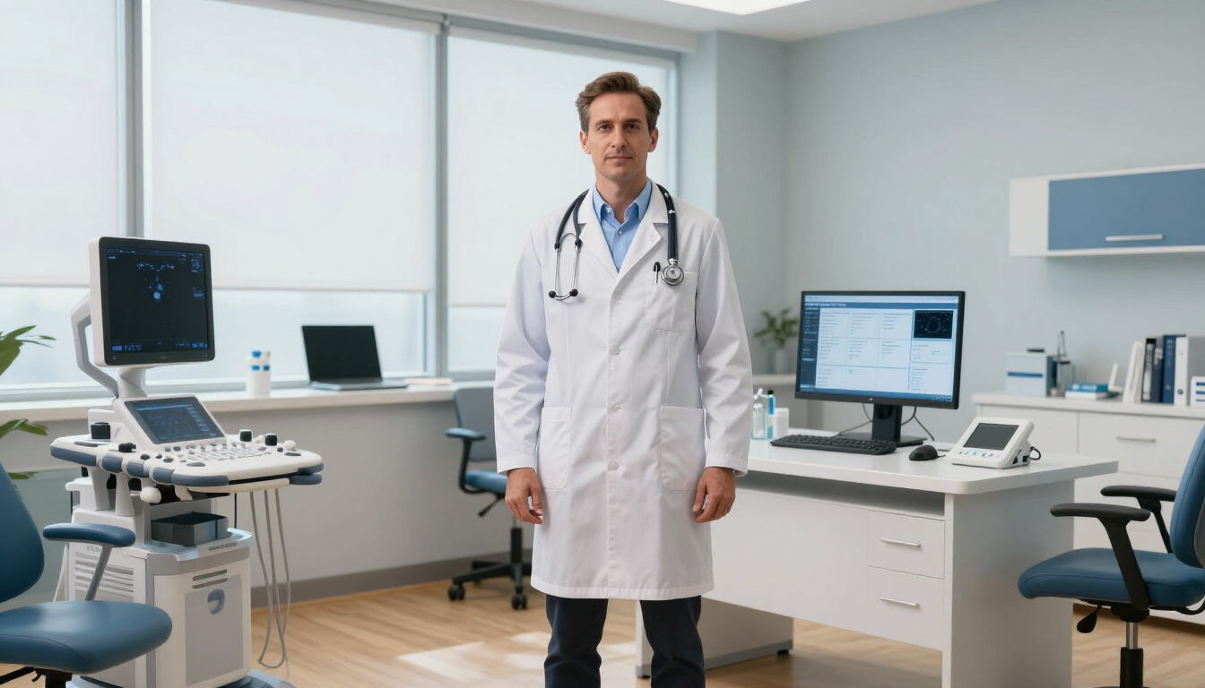 Un médico se encuentra en una moderna sala de exploración equipada con material médico y monitores de ordenador.
