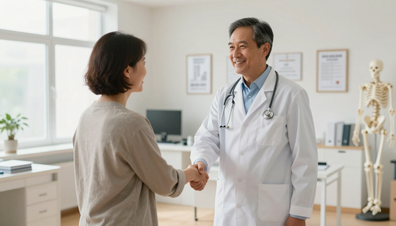 Un médico estrecha la mano de un paciente en un luminoso consultorio médico.