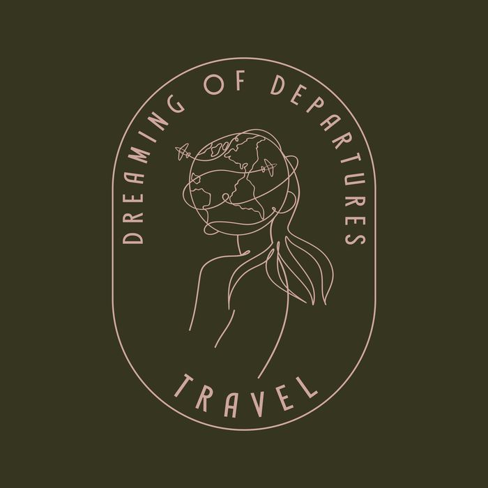 The logo for dreaming of departures travel shows a woman with a globe on her head.