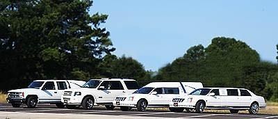 Four white SUVs and a white station wagon parked in a row beside trees under a blue sky
