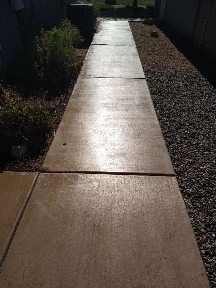 Concrete sidewalk with sunlight, flanked by gravel and foliage.