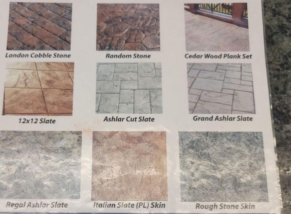 Samples of concrete patterns: cobblestone, slate, and wood plank, in various colors.