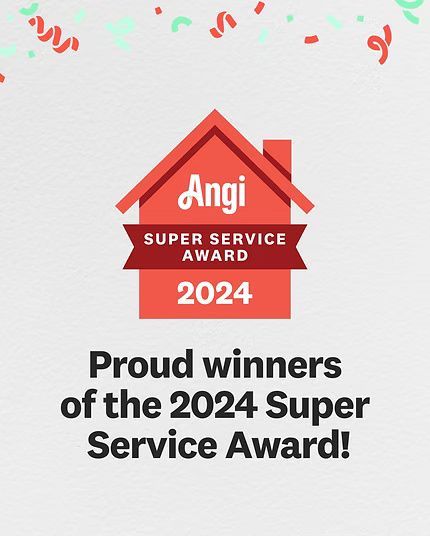 Angi Super Service Award 2024 badge. Red house icon with text, confetti, and
