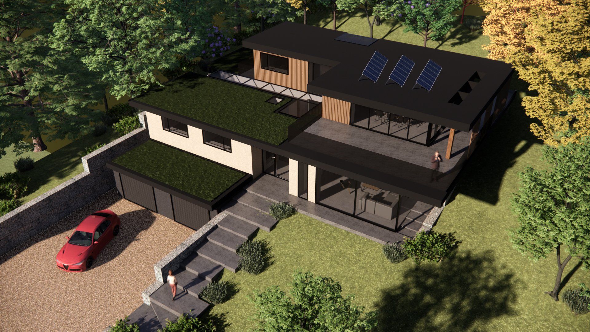 Esdon Architecture. Eco Home new build rendered image view from above. Esdon Architecture. Wiltshire Architect. Eco Home. Passiv Haus concept. Planning application, planning permission.