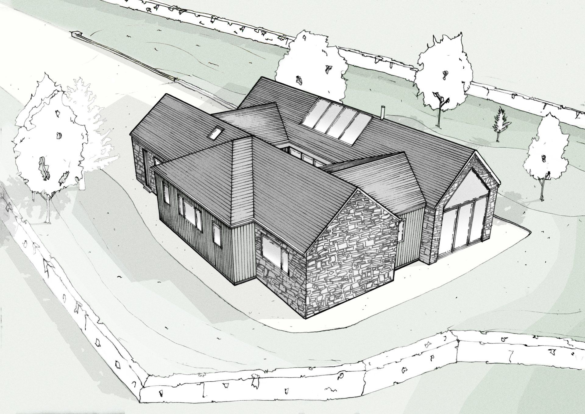 Esdon Architecture. Sketch image new build, Tisbury, WIltshire. Planning application drawings Esdon Architecture. Wiltshire and Hampshire Architect. Sketch image. New build. Tisbury, WIltshire. Planning Permission.
