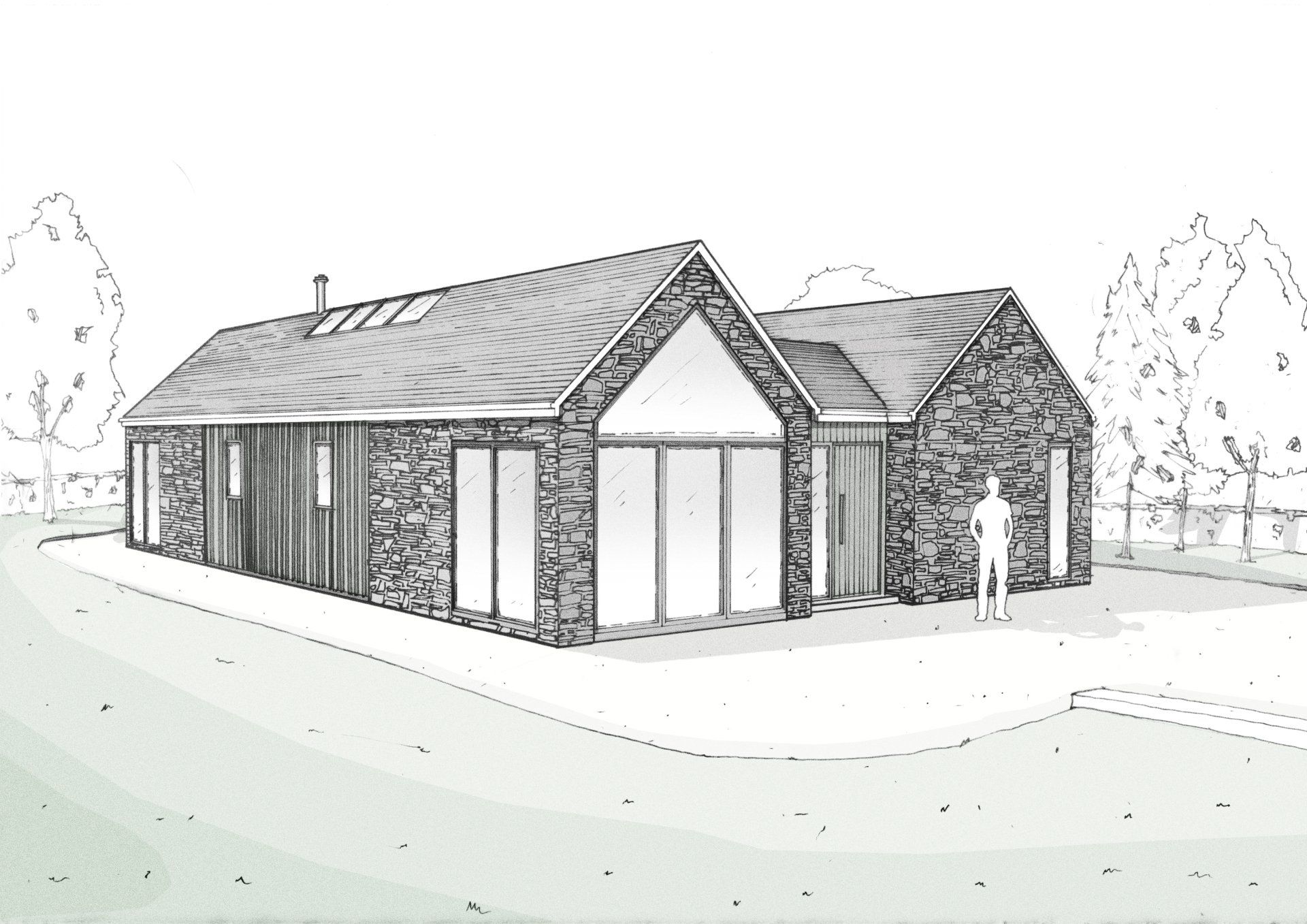 Esdon Architecture. Stone new build chalet bungalow with internal courtyard. Wiltshire.