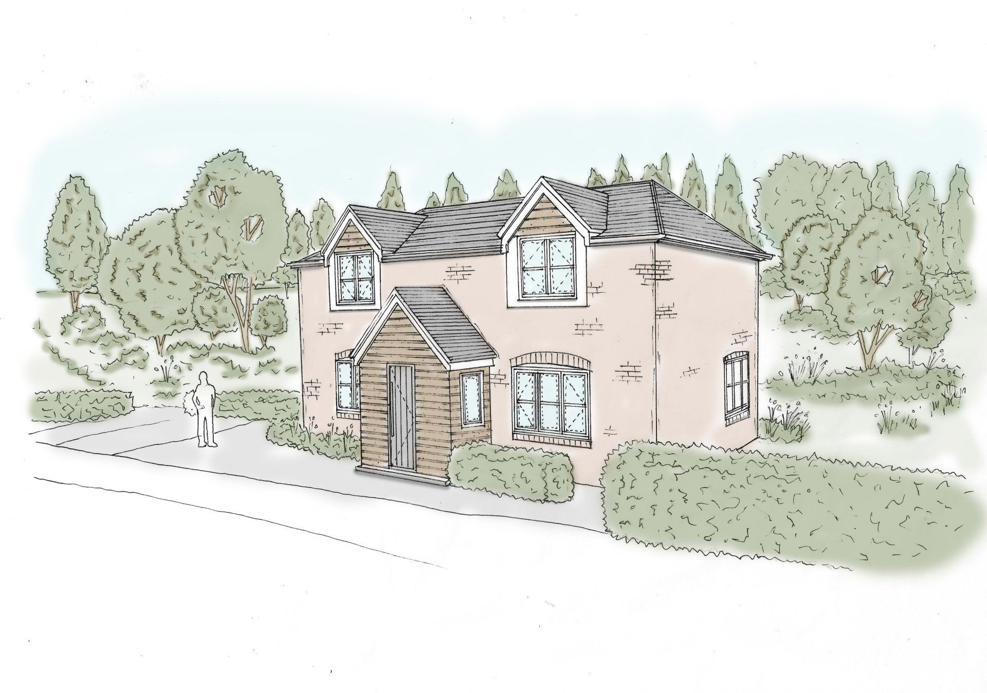 Esdon Architecture. Sketch image, pair of new build houses. Wiltshire. New Forest.