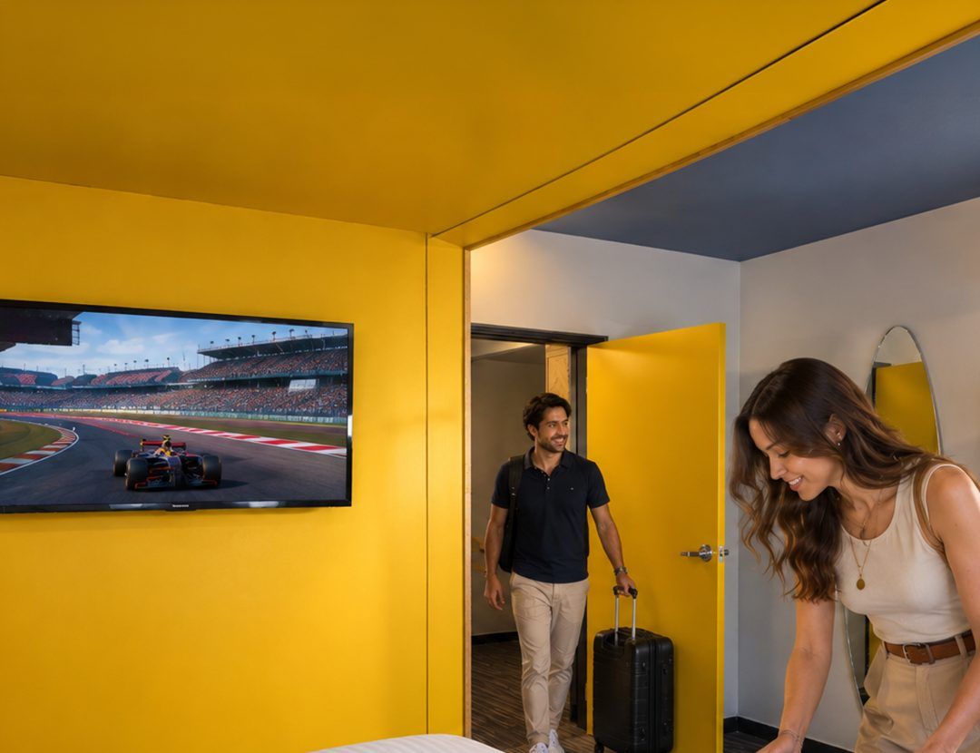 Pareja llegando a su habitación con la F1 en la televisión
