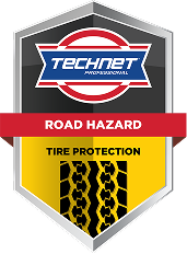 Technet Professional Road Hazard Tire Protection badge: yellow, black, and red with tire tread.