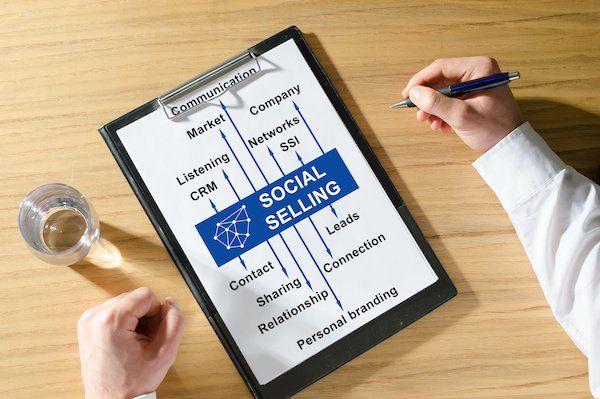 Man with clipboard on desk showing all the elements of social selling.