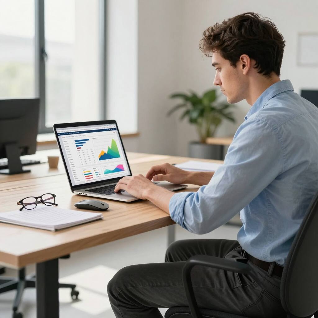 Une personne travaillant à un bureau sur un ordinateur portable avec des graphiques dans un bureau lumineux