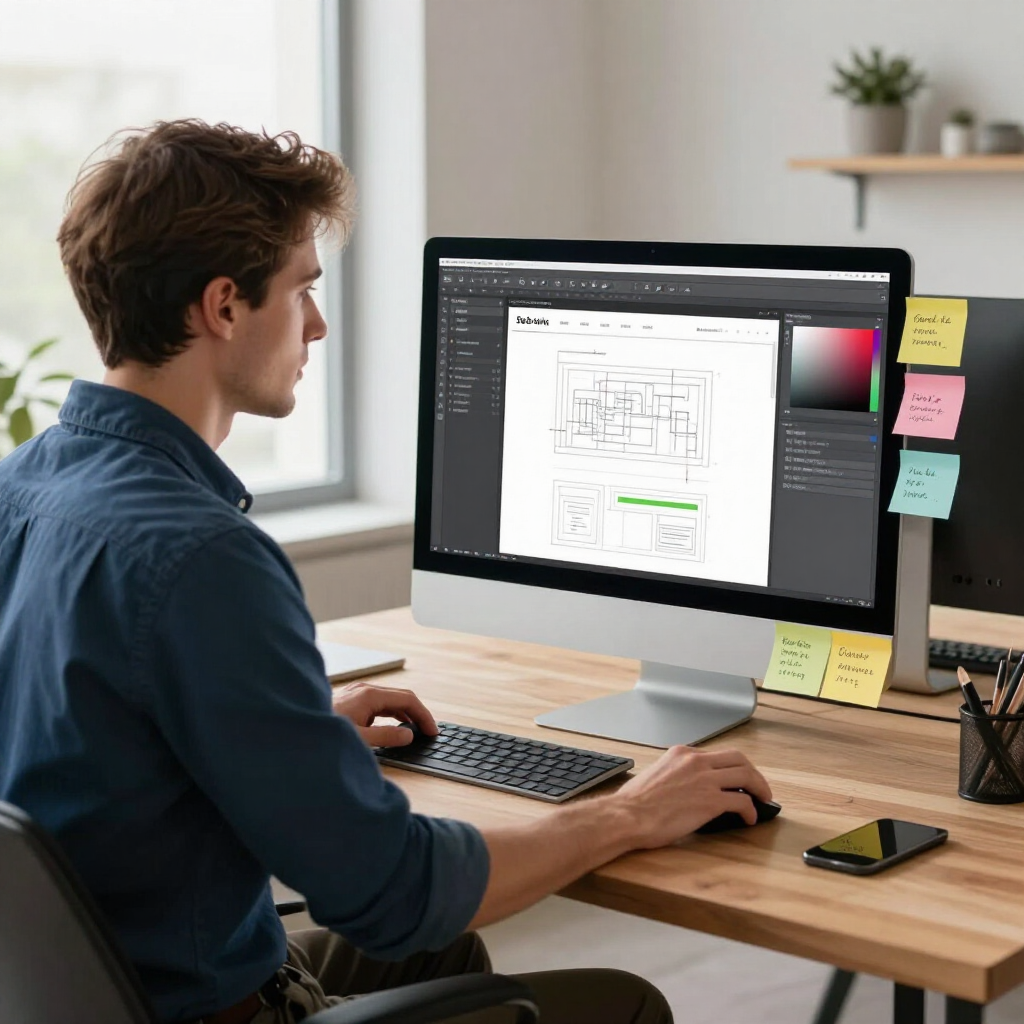 Une personne travaillant sur un ordinateur de bureau avec des notes adhésives dans un bureau lumineux