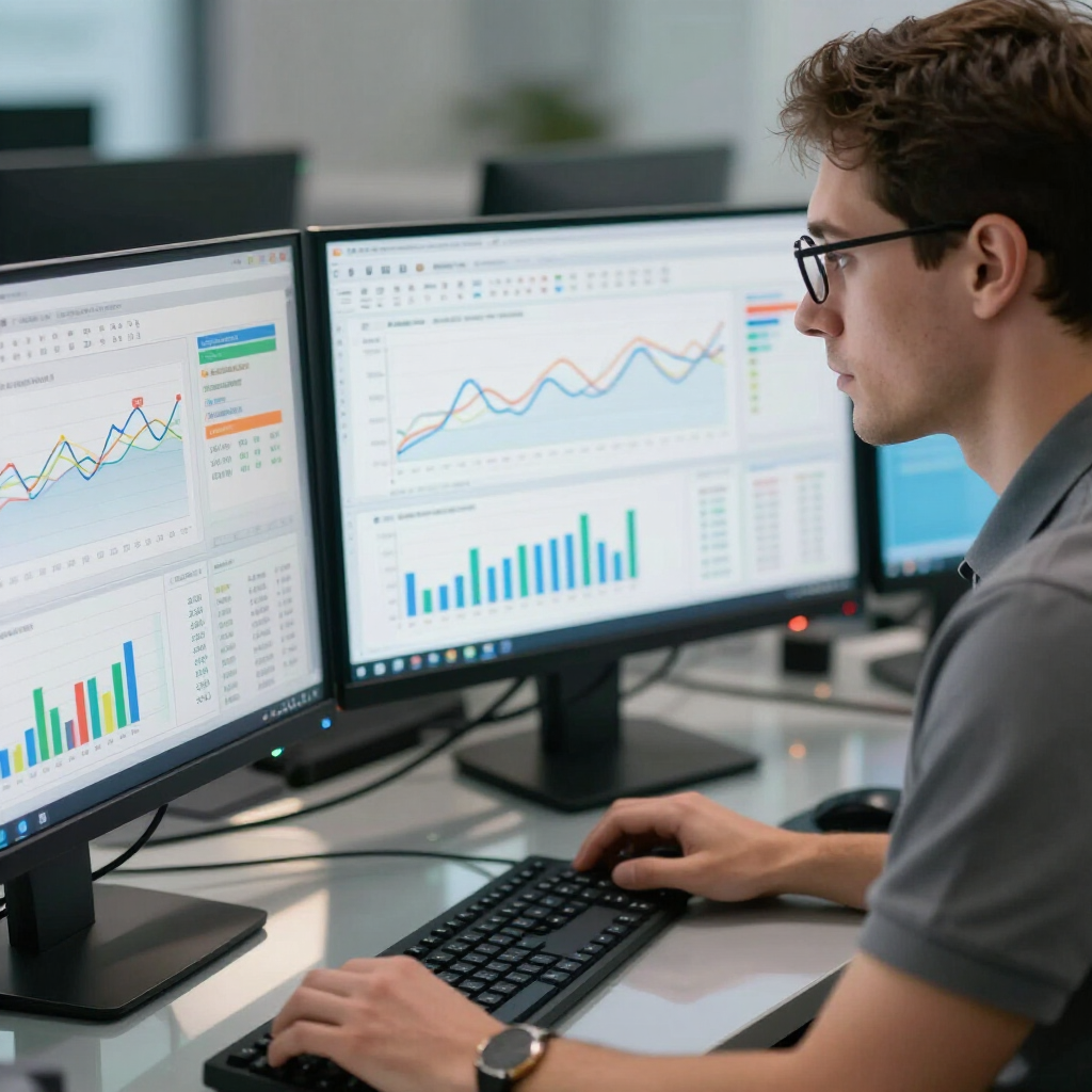 Une personne assise à un bureau utilise deux écrans affichant des graphiques et des tableaux de bord analytiques.