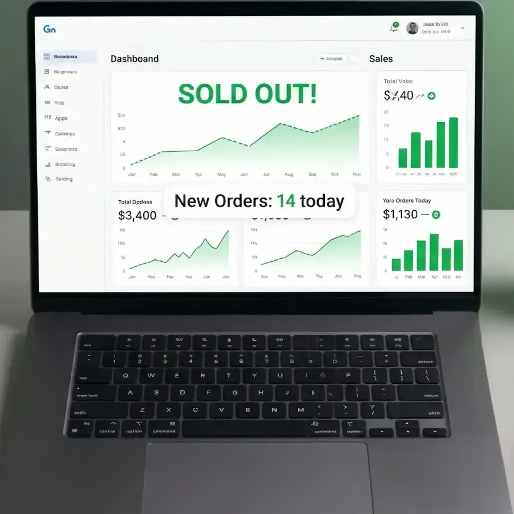 Laptop displaying a sales dashboard with “SOLD OUT!” and green charts for orders and revenue