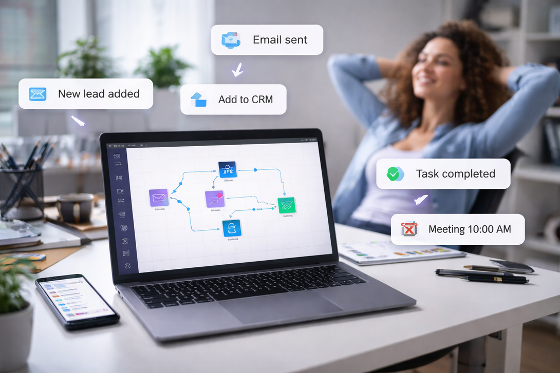 Laptop showing workflow diagram, surrounded by task reminder & pop-ups
