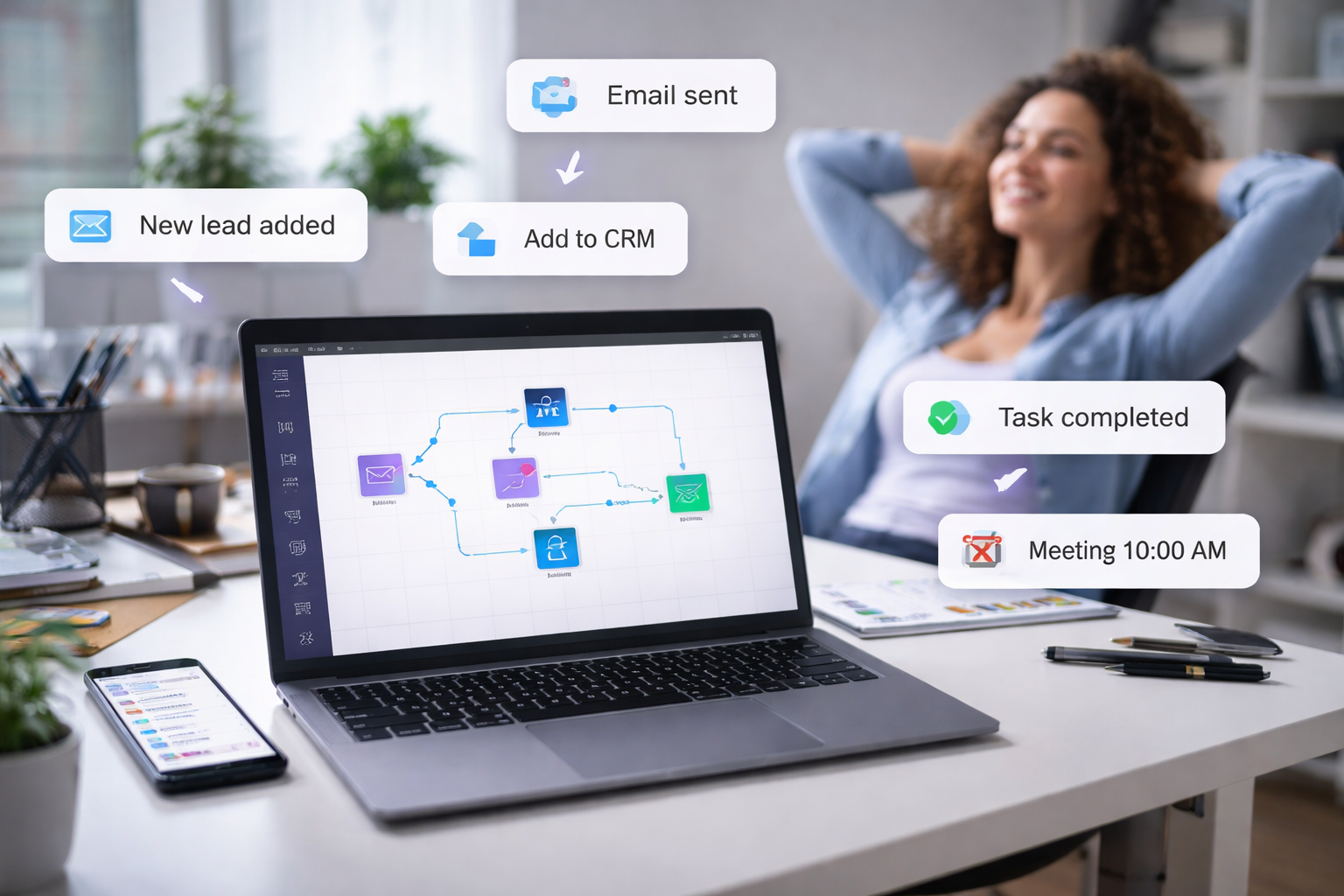 Laptop showing workflow diagram, surrounded by task reminder & pop-ups